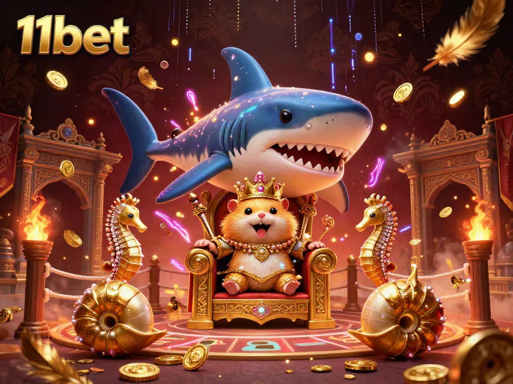 Experience thrilling action with 11bet as a golden hamster king reigns over a vibrant casino scene filled with seahorse guards.