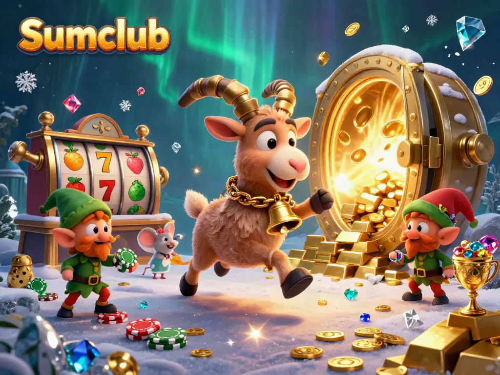 Engaging Sumclub casino scene with Krampus, a mouse, and mischievous gremlins stealing chips.