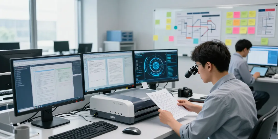 Document fraud detection analysis in a modern lab with tech devices and innovative algorithms evaluating authenticity.