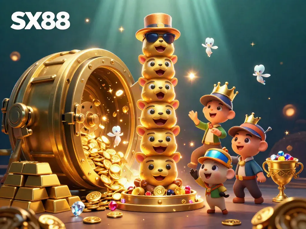SX88's vibrant totem character interacts amid golden treasures and casino elements, showcasing a lively gambling atmosphere.
