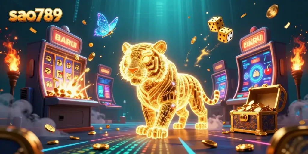 Sao789's vibrant digital casino scene features a golden tiger and slot machine bursting with winnings.