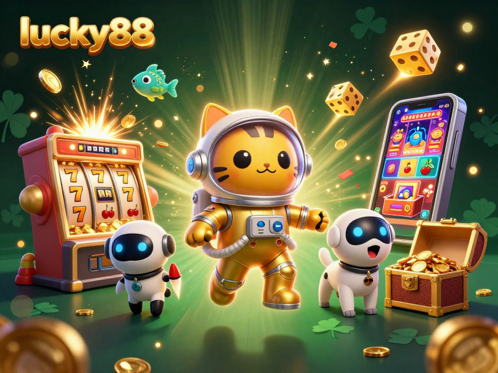 Experience the fun of lucky88 with a vibrant 3D casino scene featuring a space cat and jackpot elements.