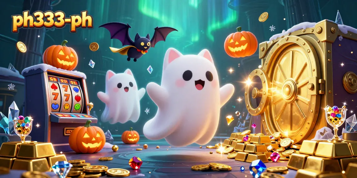Join the ph333-ph casino adventure with a cartoon ghost cat, bat, and glowing poker jack-o-lanterns.