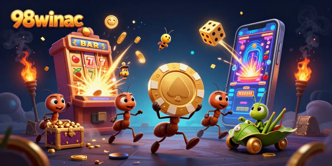 Ants executing a heist with a giant poker chip in a vibrant 98winac casino scene