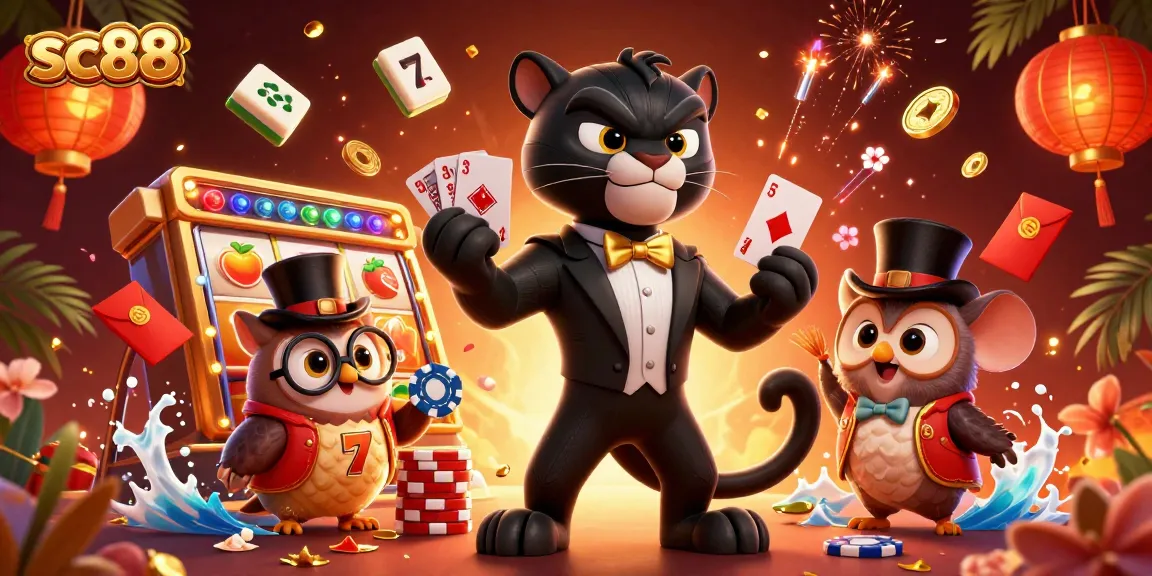Engage with sc88's thrilling casino experience through a vibrant 3D scene with characters and game elements.