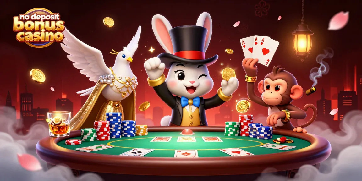 No deposit bonus casino features a magician rabbit pulling golden coins with poker chips and cards in a rich 3D scene.