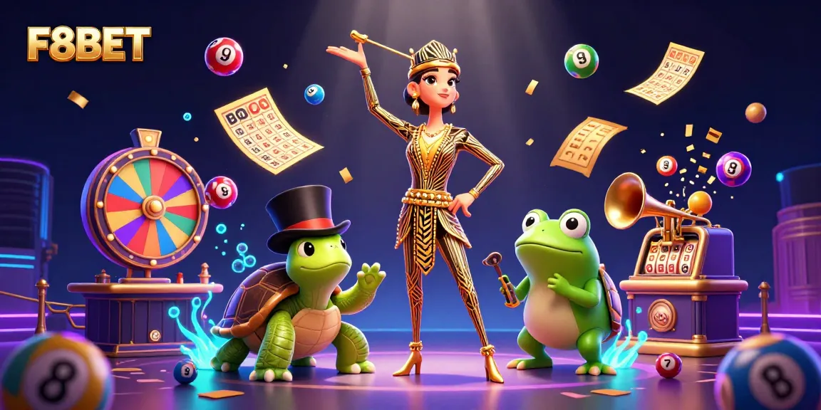 Experience F8BET's vibrant lottery action amid a lively casino scene with dynamic elements.
